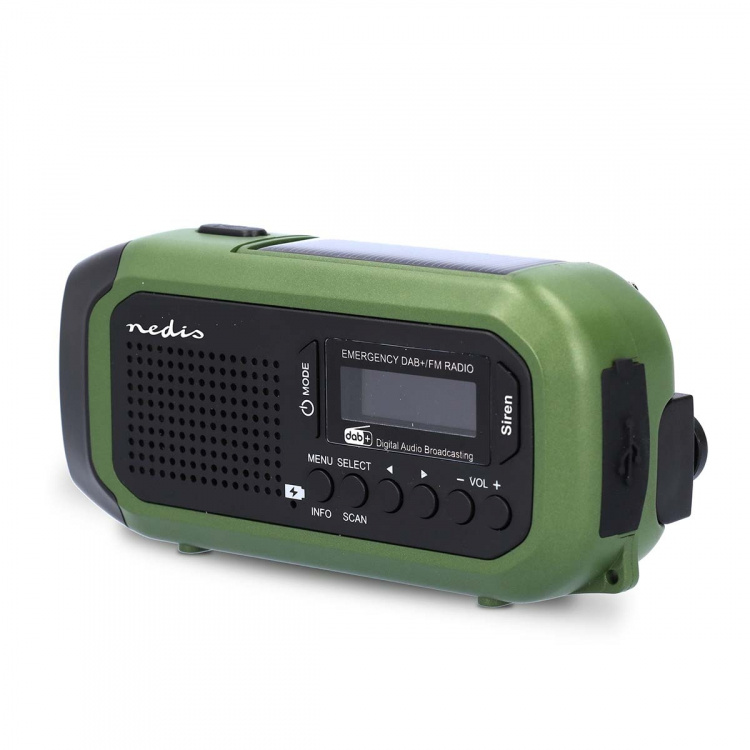 Nedis Emergency Radio | Portable Design | DAB+ / FM | Battery Powered / Hand Crank / Solar Powered / USB Powered | Alarm clock | Black / Green