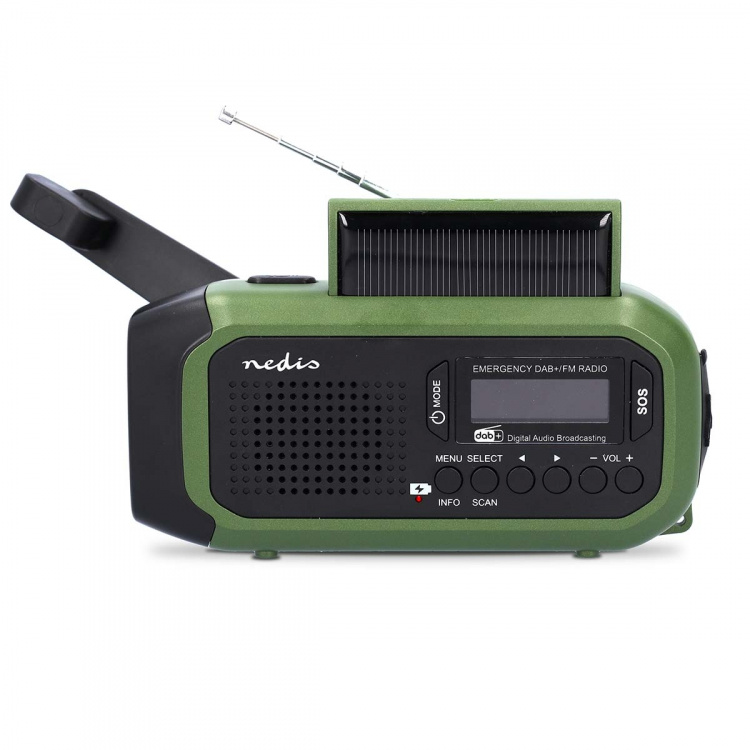 Nedis Emergency Radio | Portable Design | DAB+ / FM | Battery Powered / Hand Crank / Solar Powered / USB Powered | Alarm clock | Black / Green