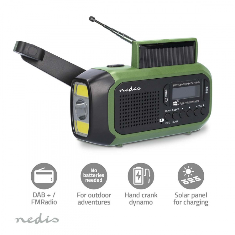 Nedis Emergency Radio | Portable Design | DAB+ / FM | Battery Powered / Hand Crank / Solar Powered / USB Powered | Alarm clock | Black / Green