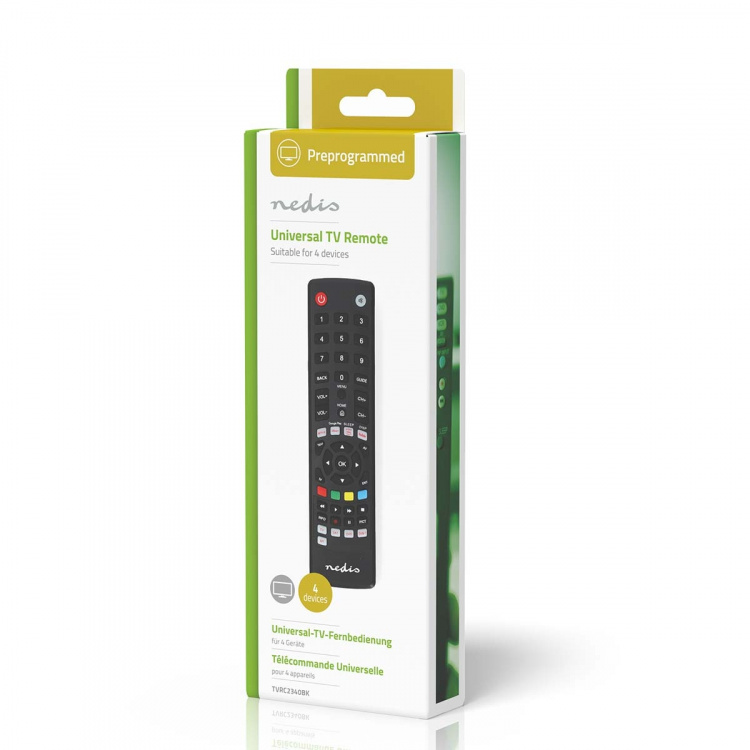 Nedis Universal Remote Control | Preprogrammed | 4 Devices | Amazon Prime / Disney + Button / Google Play Button / Netflix Button / Youtube Button | Infrared | Black