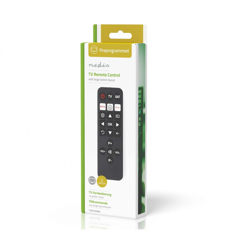 Nedis Universal Remote Control | Preprogrammed | 2 Devices | Disney + Button / Netflix Button | Infrared | Black