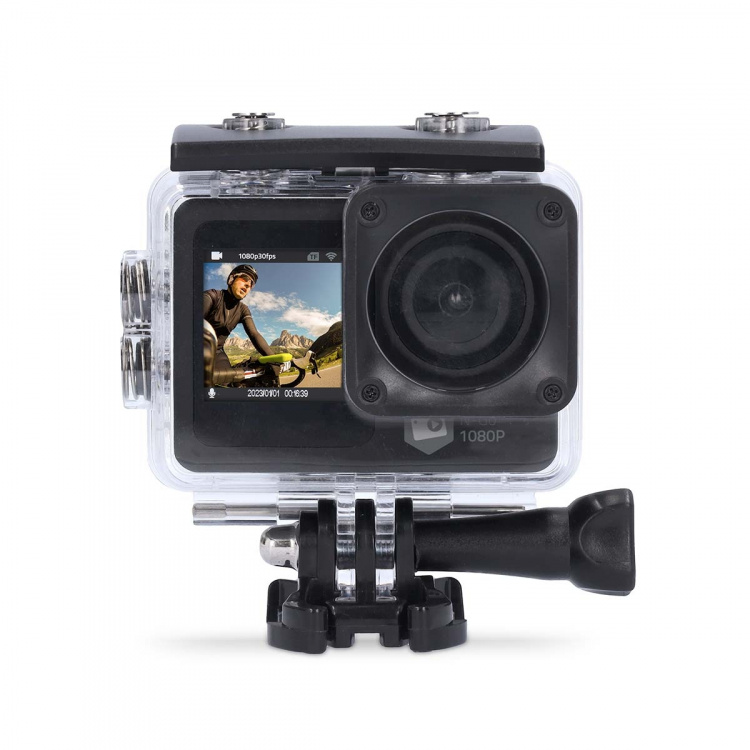 Nedis Action Cam | Dual Screen | 1080p@30fps | 12 MPixel | Waterproof up to: 30.0 m | 70 min | Wi-Fi | App available for: Android™ / IOS | Mounts included | Black