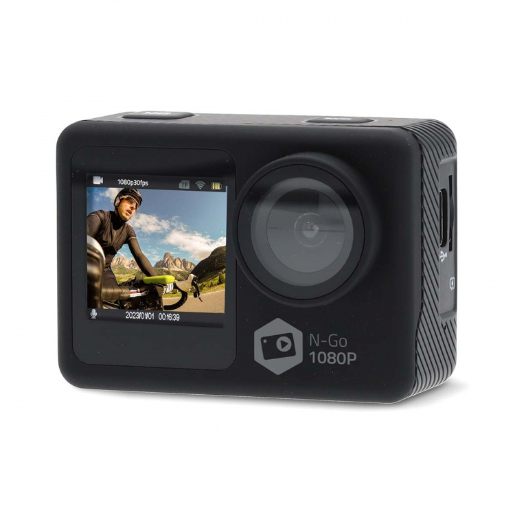 Nedis Action Cam | Dual Screen | 1080p@30fps | 12 MPixel | Waterproof up to: 30.0 m | 70 min | Wi-Fi | App available for: Android™ / IOS | Mounts included | Black