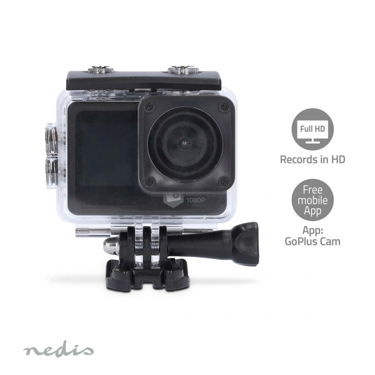 Nedis Action Cam | Dual Screen | 1080p@30fps | 12 MPixel | Waterproof up to: 30.0 m | 70 min | Wi-Fi | App available for: Android™ / IOS | Mounts included | Black