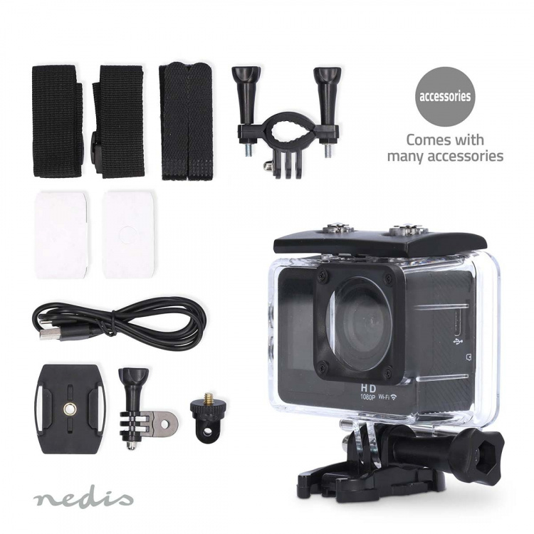 Nedis Action Cam | Dual Screen | 1080p@30fps | 12 MPixel | Waterproof up to: 30.0 m | 70 min | Wi-Fi | App available for: Android™ / IOS | Mounts included | Black