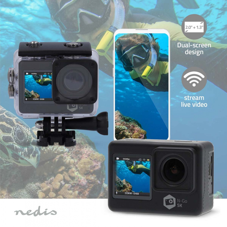 Nedis Action Cam | Dual Screen | 5K@30fps | 16 MPixel | Waterproof up to: 30.0 m | 80 min | Wi-Fi | App available for: Android™ / IOS | Mounts included | Black Nedis Action Cam | Dual Screen | 5K@30fps | 16 MPixel | Waterproof up to: 30.0 m | 80 min | Wi-Fi | App available for: Android™ / IOS | Mounts included | Black