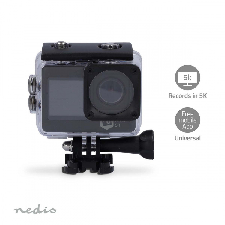 Nedis Action Cam | Dual Screen | 5K@30fps | 16 MPixel | Waterproof up to: 30.0 m | 80 min | Wi-Fi | App available for: Android™ / IOS | Mounts included | Black Nedis Action Cam | Dual Screen | 5K@30fps | 16 MPixel | Waterproof up to: 30.0 m | 80 min | Wi-Fi | App available for: Android™ / IOS | Mounts included | Black