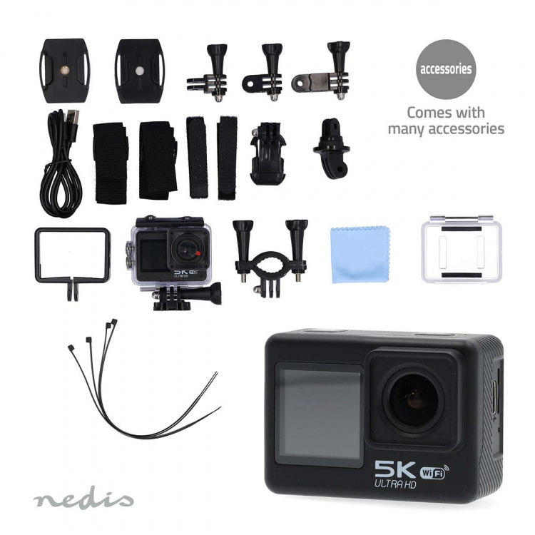 Nedis Action Cam | Dual Screen | 5K@30fps | 16 MPixel | Waterproof up to: 30.0 m | 80 min | Wi-Fi | App available for: Android™ / IOS | Mounts included | Black Nedis Action Cam | Dual Screen | 5K@30fps | 16 MPixel | Waterproof up to: 30.0 m | 80 min | Wi-Fi | App available for: Android™ / IOS | Mounts included | Black
