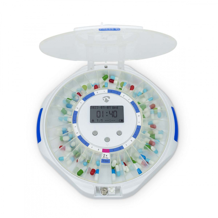 Nedis SmartLife Pill Dispenser | Wi-Fi | 28 Compartments | Number of alarmtimes: 9 Alarm Times Per Day | Beep / Light / Voice | LCD display | White Nedis SmartLife Pill Dispenser | Wi-Fi | 28 Compartments | Number of alarmtimes: 9 Alarm Times Per Day | Beep / Light / Voice | LCD display | White