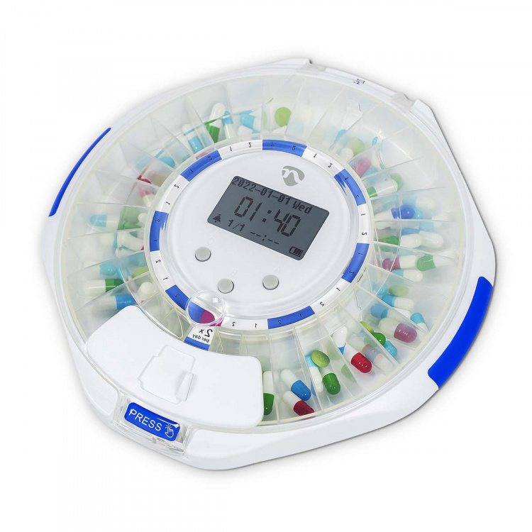 Nedis SmartLife Pill Dispenser | Wi-Fi | 28 Compartments | Number of alarmtimes: 9 Alarm Times Per Day | Beep / Light / Voice | LCD display | White Nedis SmartLife Pill Dispenser | Wi-Fi | 28 Compartments | Number of alarmtimes: 9 Alarm Times Per Day | Beep / Light / Voice | LCD display | White