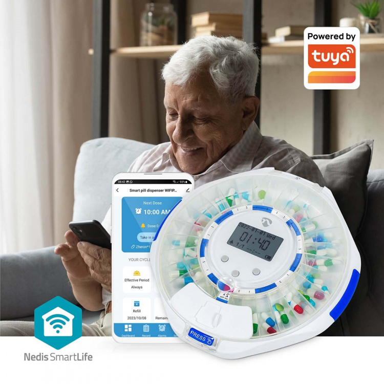 Nedis SmartLife Pill Dispenser | Wi-Fi | 28 Compartments | Number of alarmtimes: 9 Alarm Times Per Day | Beep / Light / Voice | LCD display | White Nedis SmartLife Pill Dispenser | Wi-Fi | 28 Compartments | Number of alarmtimes: 9 Alarm Times Per Day | Beep / Light / Voice | LCD display | White