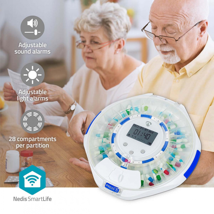 Nedis SmartLife Pill Dispenser | Wi-Fi | 28 Compartments | Number of alarmtimes: 9 Alarm Times Per Day | Beep / Light / Voice | LCD display | White Nedis SmartLife Pill Dispenser | Wi-Fi | 28 Compartments | Number of alarmtimes: 9 Alarm Times Per Day | Beep / Light / Voice | LCD display | White