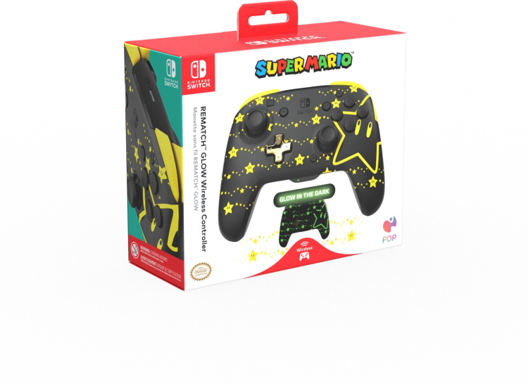 PDP Gaming Rematch Glow Wireless Controller - trådlös spelkontroll, Mario Stars, Switch PDP Gaming Rematch Glow Wireless Controller - trådlös spelkontroll, Mario Stars, Switch