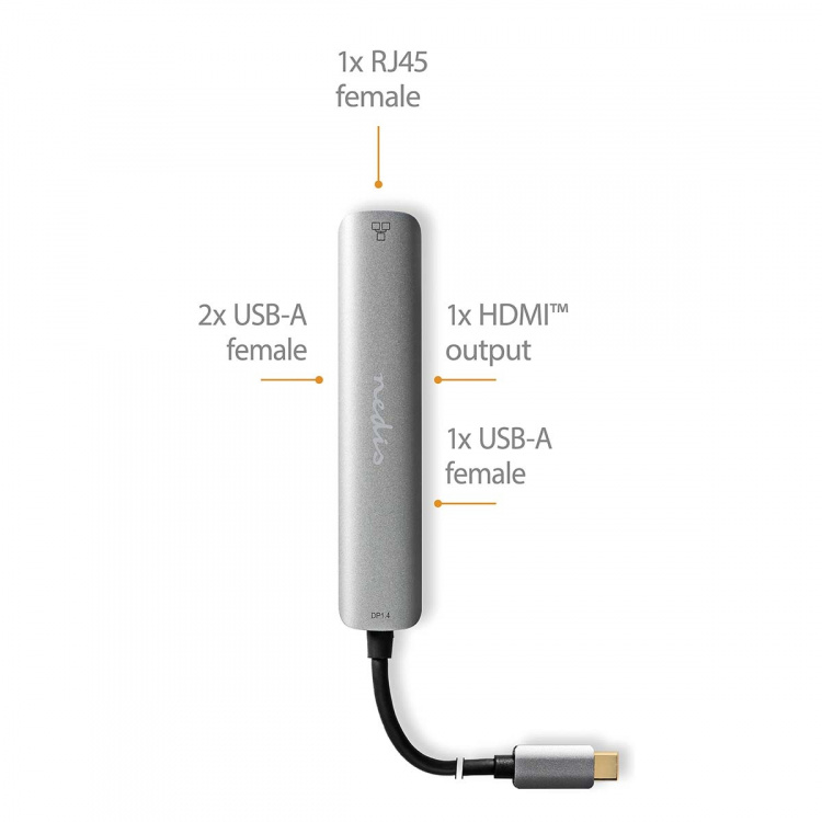 Nedis USB Multi-Port Adapter | 5-in-1 | USB 3.2 Gen 1 | USB-C™ Male | HDMI™ Output / RJ45 Female / 3x USB-A Female | 5 Gbps | 0.20 m | Round | Gold Plated | PVC | Anthracite | Box