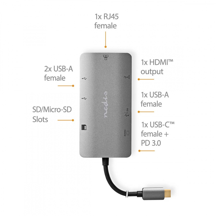 Nedis USB Multi-Port Adapter | 7-in-1 | USB 3.2 Gen 1 | USB-C™ Male | HDMI™ Output / Micro SD / RJ45 Female / SD / USB-C™ Female / 3x USB-A Female | 5 Gbps | 0.20 m | Round | Gold Plated | PVC | Anthracite | Box