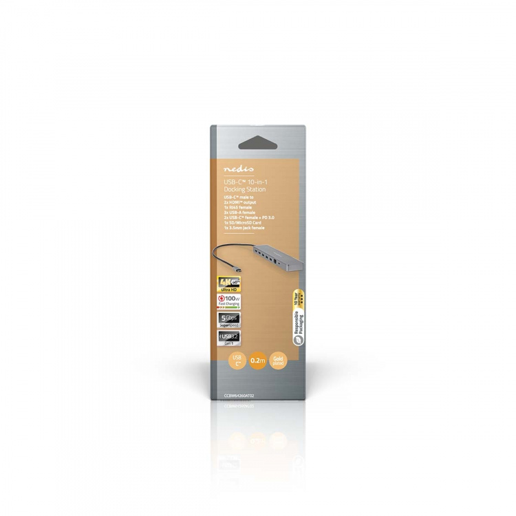 Nedis USB Multi-Port Adapter | 10-in-1 | USB 3.2 Gen 1 | USB-C™ Male | Micro SD / RJ45 Female / SD / 2x HDMI™ / 2x USB-C™ / 3x USB-A Female | 0.40 m | Round | Gold Plated | TPE | Anthracite | Box