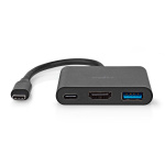 Nedis USB Multi-Port Adapter | 3-in-1 | USB 3.2 Gen 1 | USB-C™ Male | HDMI™ Output / USB-A Female / USB-C™ Female | 5 Gbps | 0.10 m | Round | Nickel Plated | PVC | Black | Box