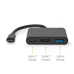 Nedis USB Multi-Port Adapter | 3-in-1 | USB 3.2 Gen 1 | USB-C™ Male | HDMI™ Output / USB-A Female / USB-C™ Female | 5 Gbps | 0.10 m | Round | Nickel Plated | PVC | Black | Box