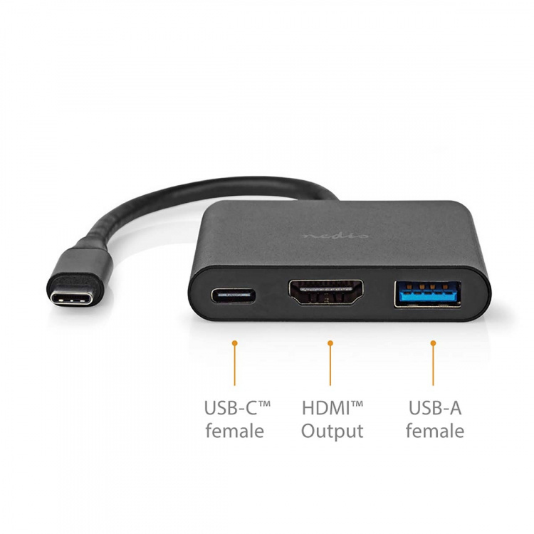 Nedis USB Multi-Port Adapter | 3-in-1 | USB 3.2 Gen 1 | USB-C™ Male | HDMI™ Output / USB-A Female / USB-C™ Female | 5 Gbps | 0.10 m | Round | Nickel Plated | PVC | Black | Box