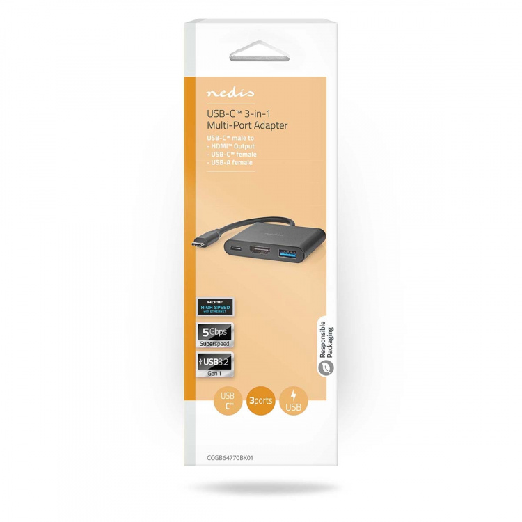 Nedis USB Multi-Port Adapter | 3-in-1 | USB 3.2 Gen 1 | USB-C™ Male | HDMI™ Output / USB-A Female / USB-C™ Female | 5 Gbps | 0.10 m | Round | Nickel Plated | PVC | Black | Box