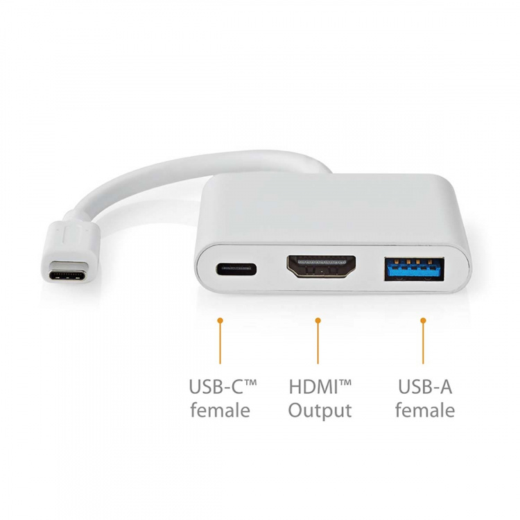 Nedis USB Multi-Port Adapter | 3-in-1 | USB 3.2 Gen 1 | USB-C™ Male | HDMI™ Output / USB-A Female / USB-C™ Female | 5 Gbps | 0.10 m | Round | Nickel Plated | PVC | White | Box
