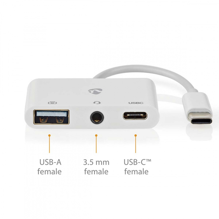 Nedis USB Multi-Port Adapter | 3-in-1 | USB 2.0 | USB-C™ Male | USB-A Female / USB-C™ Female / 3.5 mm Female | 480 Mbps | 0.10 m | Round | Nickel Plated | PVC | White | Box
