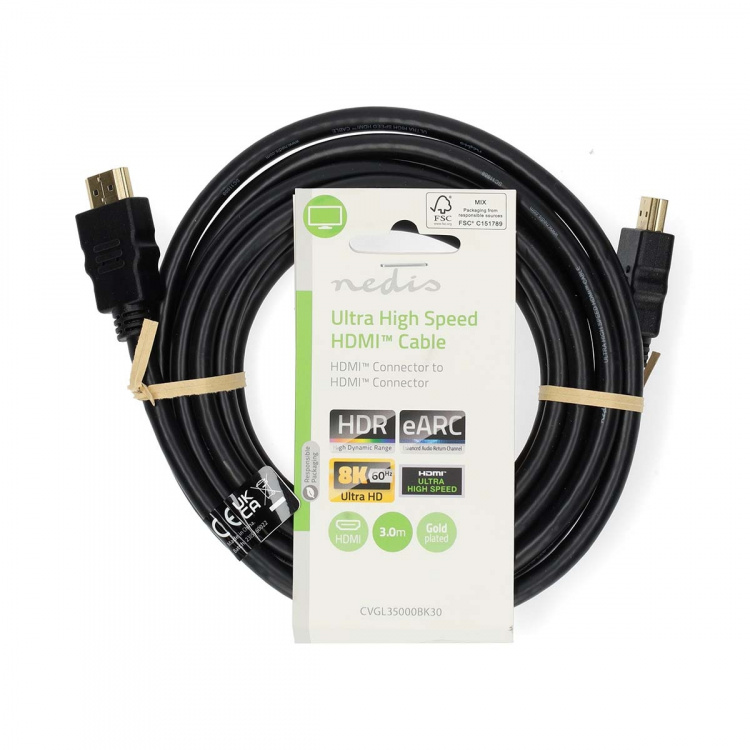 Nedis Ultra High Speed HDMI™ Cable | HDMI™ Connector | HDMI™ Connector | 8K@60Hz | 48 Gbps | 3.00 m | Round | 6.7 mm | Black | Label Nedis Ultra High Speed HDMI™ Cable | HDMI™ Connector | HDMI™ Connector | 8K@60Hz | 48 Gbps | 3.00 m | Round | 6.7 mm | Black | Label