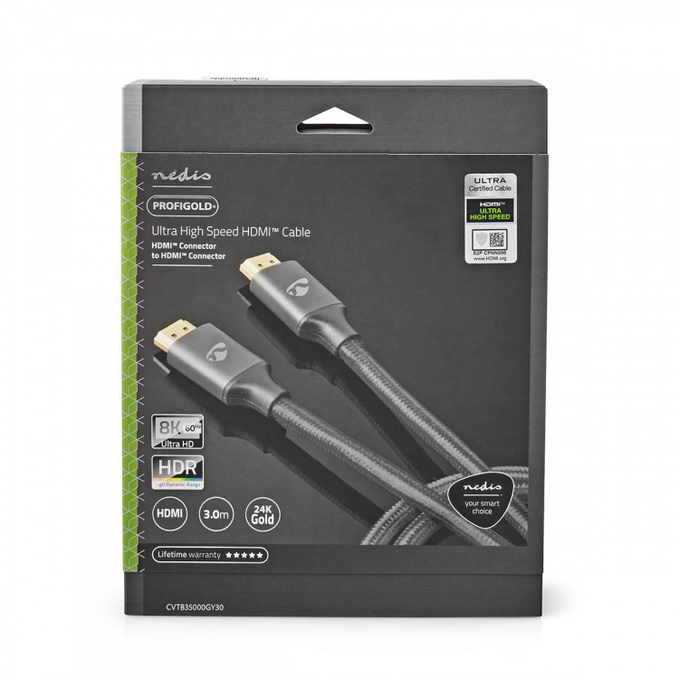 Nedis Ultra High Speed HDMI™ Cable | HDMI™ Connector | HDMI™ Connector | 8K@60Hz | 48 Gbps | 3.00 m | Round | 6.7 mm | Gun Metal Grey | Cover Window Box Nedis Ultra High Speed HDMI™ Cable | HDMI™ Connector | HDMI™ Connector | 8K@60Hz | 48 Gbps | 3.00 m | Round | 6.7 mm | Gun Metal Grey | Cover Window Box