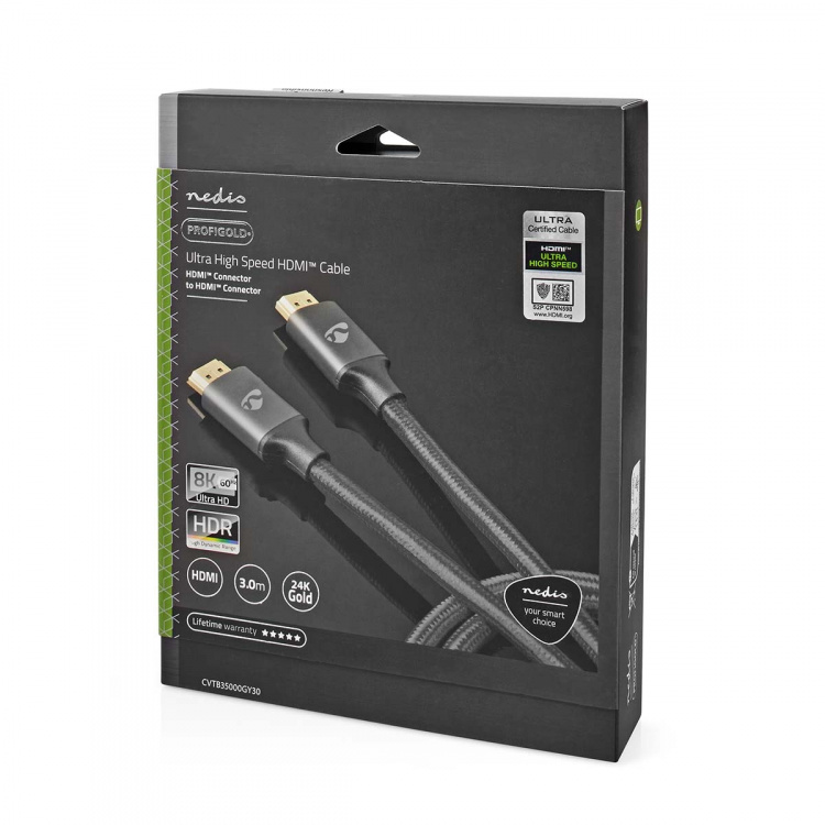 Nedis Ultra High Speed HDMI™ Cable | HDMI™ Connector | HDMI™ Connector | 8K@60Hz | 48 Gbps | 3.00 m | Round | 6.7 mm | Gun Metal Grey | Cover Window Box Nedis Ultra High Speed HDMI™ Cable | HDMI™ Connector | HDMI™ Connector | 8K@60Hz | 48 Gbps | 3.00 m | Round | 6.7 mm | Gun Metal Grey | Cover Window Box