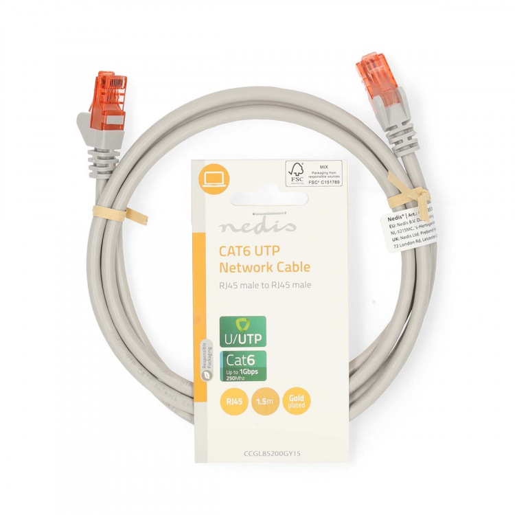 Nedis CAT6 Cable | RJ45 Male | RJ45 Male | U/UTP | 1.50 m | Round | PVC | Grey | Label