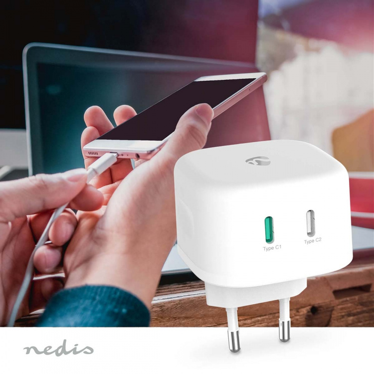 Nedis Wall Charger | PD3.0 45W | Quick charge feature | 2.25 / 3.0 A | Number of outputs: 2 | 2x USB-C™ | Automatic Voltage Selection | White