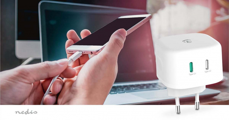 Nedis Wall Charger | PD3.0 45W | Quick charge feature | 2.25 / 3.0 A | Number of outputs: 2 | 2x USB-C™ | Automatic Voltage Selection | White