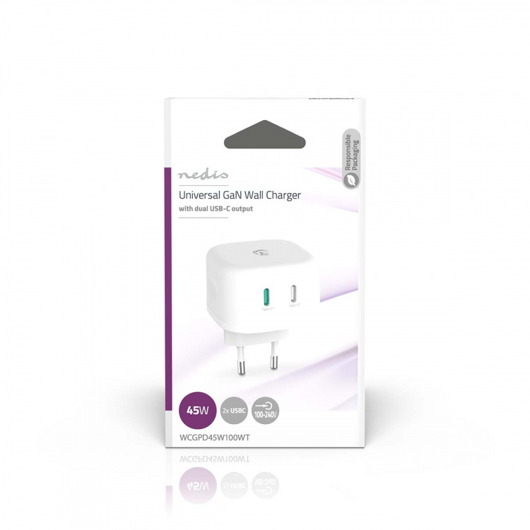 Nedis Wall Charger | PD3.0 45W | Quick charge feature | 2.25 / 3.0 A | Number of outputs: 2 | 2x USB-C™ | Automatic Voltage Selection | White