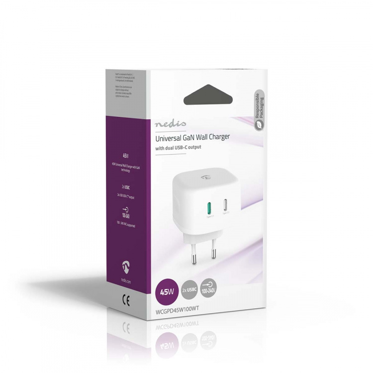 Nedis Wall Charger | PD3.0 45W | Quick charge feature | 2.25 / 3.0 A | Number of outputs: 2 | 2x USB-C™ | Automatic Voltage Selection | White