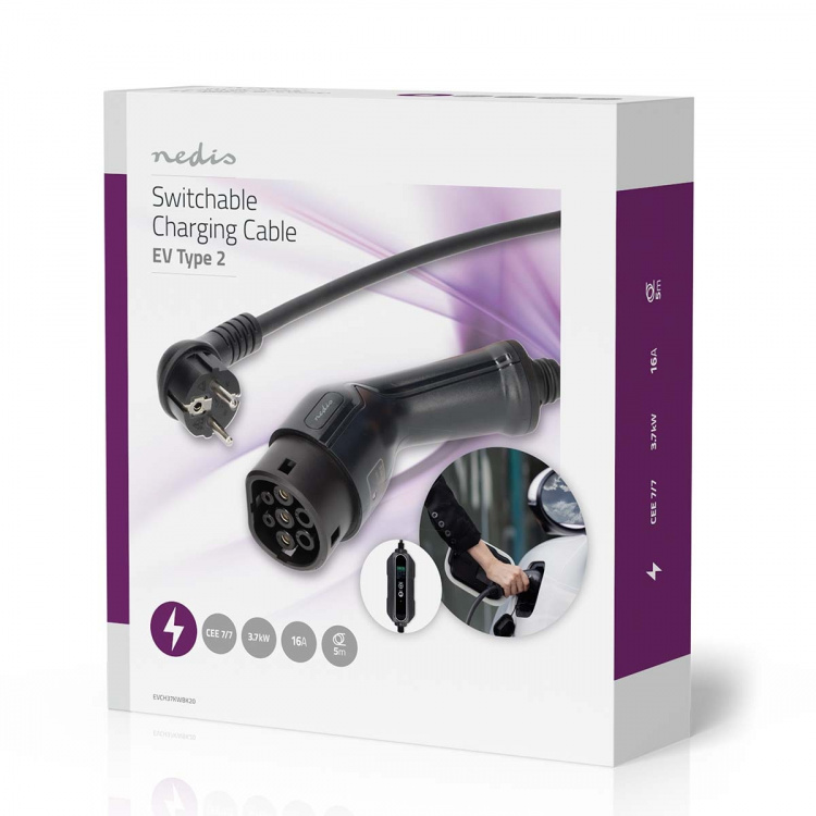 Nedis Electric Vehicle Portable Charger | AT-N05V3V3-F 3G1.5 | 1380 / 2300 / 3680 W | 6 / 8 / 10 / 13 / 16 A | 1 Phase | 5.00 m | Black | Gift Box