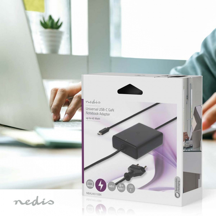 Nedis Notebook Adapter | 45 W | 5 / 9 / 12 / 15 / 20 V DC | 2.25 / 2.33 / 2.92 / 3.0 A | Used for: Notebook / Smartphone / Tablet | Euro / Type-C (CEE 7/16)