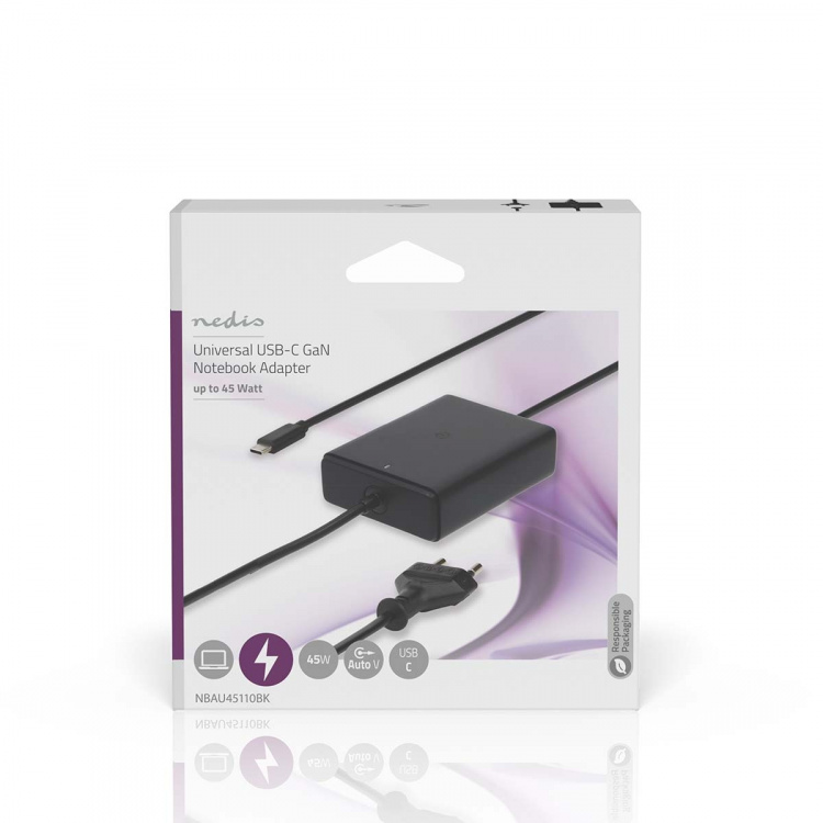 Nedis Notebook Adapter | 45 W | 5 / 9 / 12 / 15 / 20 V DC | 2.25 / 2.33 / 2.92 / 3.0 A | Used for: Notebook / Smartphone / Tablet | Euro / Type-C (CEE 7/16)