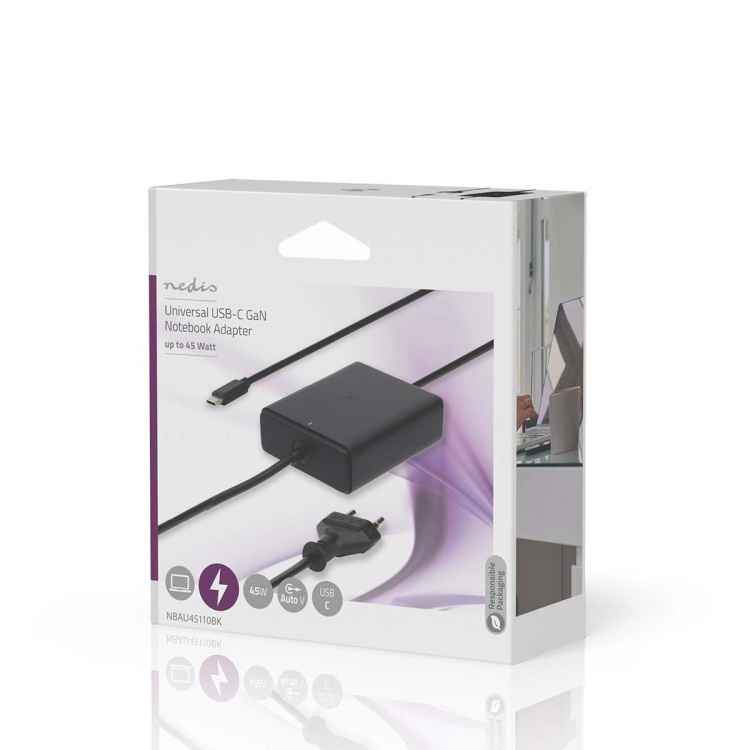Nedis Notebook Adapter | 45 W | 5 / 9 / 12 / 15 / 20 V DC | 2.25 / 2.33 / 2.92 / 3.0 A | Used for: Notebook / Smartphone / Tablet | Euro / Type-C (CEE 7/16)