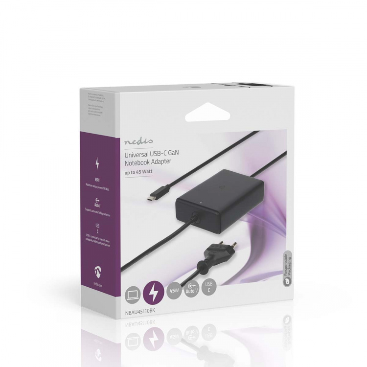 Nedis Notebook Adapter | 45 W | 5 / 9 / 12 / 15 / 20 V DC | 2.25 / 2.33 / 2.92 / 3.0 A | Used for: Notebook / Smartphone / Tablet | Euro / Type-C (CEE 7/16)
