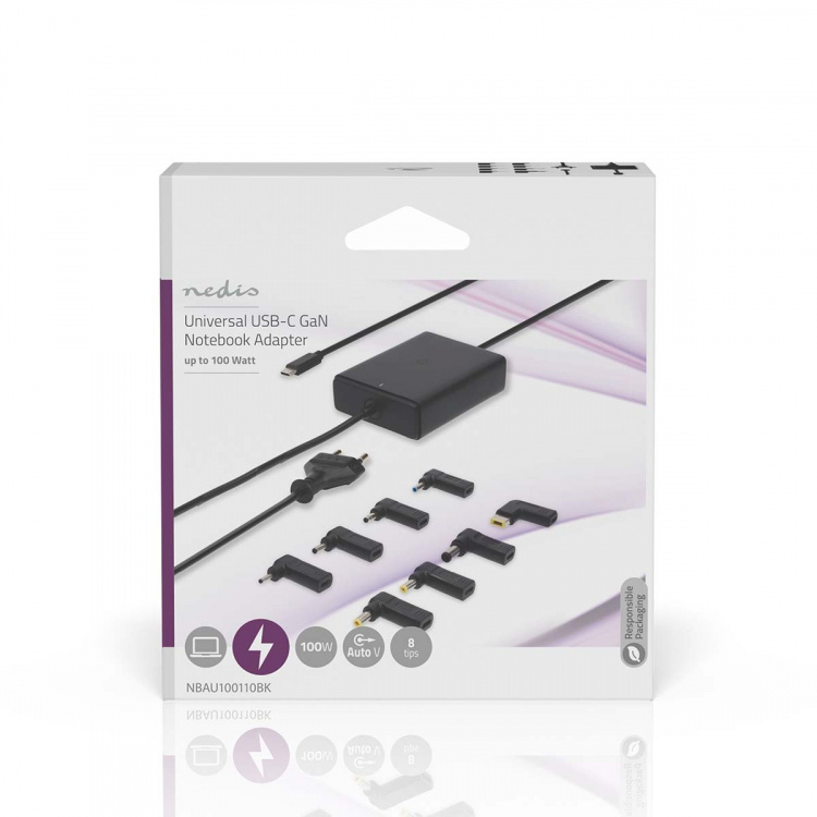 Nedis Notebook Adapter | 100 W | 5 / 9 / 12 / 15 / 20 V DC | 3.0 / 5.0 A | Used for: Notebook / Smartphone / Tablet | Euro / Type-C (CEE 7/16) Nedis Notebook Adapter | 100 W | 5 / 9 / 12 / 15 / 20 V DC | 3.0 / 5.0 A | Used for: Notebook / Smartphone / Tablet | Euro / Type-C (CEE 7/16)