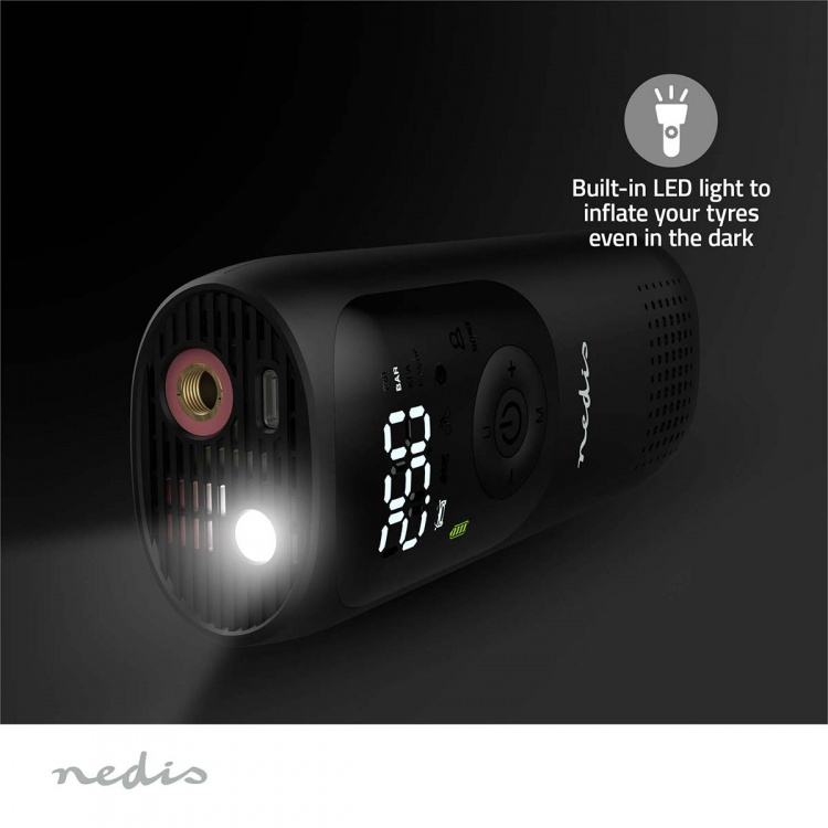 Nedis Rechargeable Air Compressor | 0.1 - 10.3 Bar | Dunlop Valve | Operation modes: Car / Motorbike / Bycicle / Ball | Yes | Air Pressure Meter