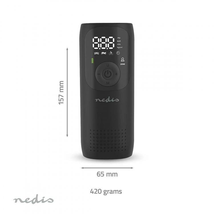 Nedis Rechargeable Air Compressor | 0.1 - 10.3 Bar | Dunlop Valve | Operation modes: Car / Motorbike / Bycicle / Ball | Yes | Air Pressure Meter