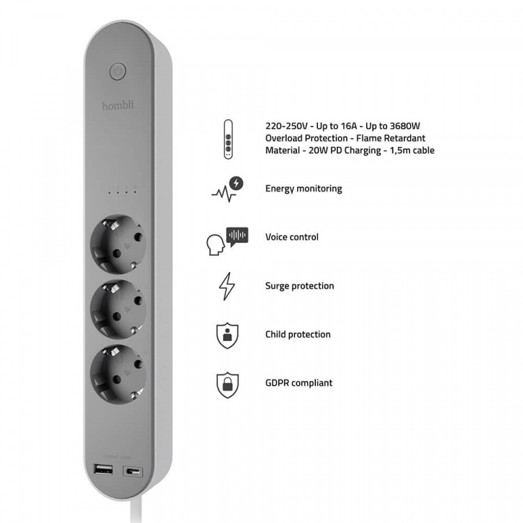 Hombli Smart Power Strip 3-way Grey USB-C & USB-A