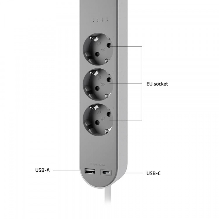 Hombli Smart Power Strip 3-way Grey USB-C & USB-A