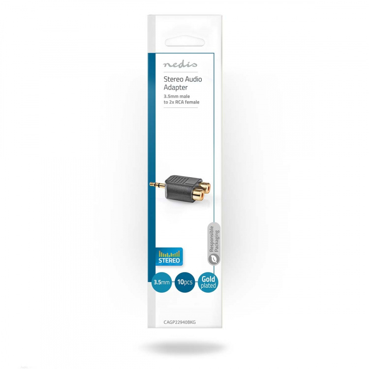 Nedis Stereo Audio Adapter | 3.5 mm Male | 2x RCA Female | Gold Plated | Straight | ABS | Black | 10 pcs | Envelope