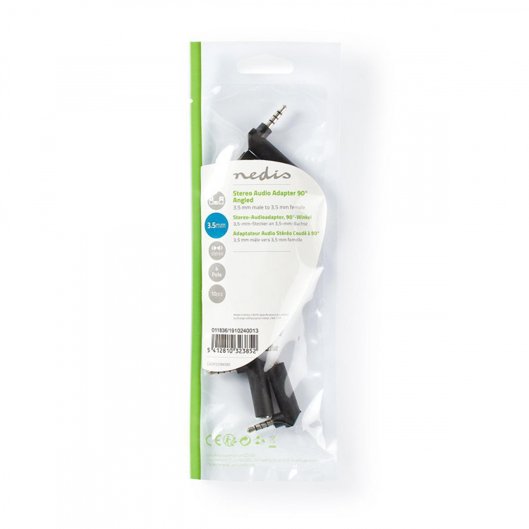 Nedis Stereo Audio Adapter | 3.5 mm Male | 3.5 mm Female | Nickel Plated | Angled 90° | Metal | Black | 10 pcs | Polybag Nedis Stereo Audio Adapter | 3.5 mm Male | 3.5 mm Female | Nickel Plated | Angled 90° | Metal | Black | 10 pcs | Polybag