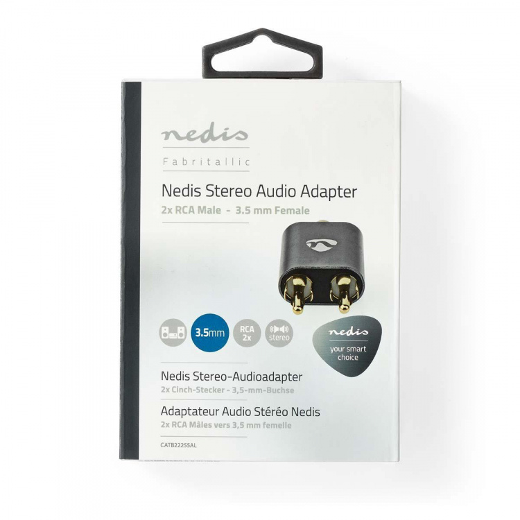 Nedis Stereo Audio Adapter | 2x RCA Male | 3.5 mm Female | Gold Plated | Straight | Aluminium | Gun Metal Grey | 1 pcs | Cover Window Box