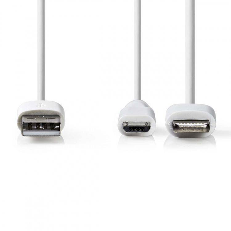Nedis 2-in-1 Cable | USB 2.0 | USB-A Male | Apple Lightning 8-Pin / USB Micro-B Male | 480 Mbps | 1.00 m | Nickel Plated | Round | PVC | White | Polybag Nedis 2-in-1 Cable | USB 2.0 | USB-A Male | Apple Lightning 8-Pin / USB Micro-B Male | 480 Mbps | 1.00 m | Nickel Plated | Round | PVC | White | Polybag