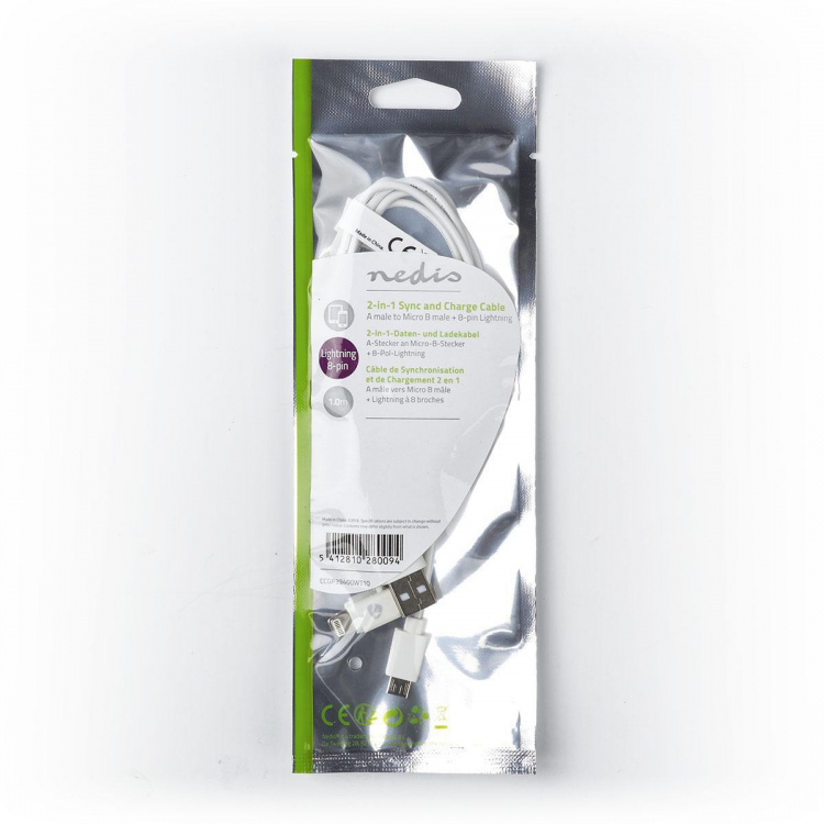 Nedis 2-in-1 Cable | USB 2.0 | USB-A Male | Apple Lightning 8-Pin / USB Micro-B Male | 480 Mbps | 1.00 m | Nickel Plated | Round | PVC | White | Polybag Nedis 2-in-1 Cable | USB 2.0 | USB-A Male | Apple Lightning 8-Pin / USB Micro-B Male | 480 Mbps | 1.00 m | Nickel Plated | Round | PVC | White | Polybag