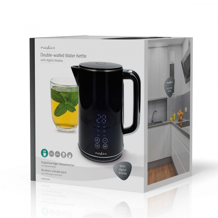 Nedis Electric Kettle | 1.7 l | Plastic | Black | 50,60,70,80,90,100 °C | Temperature indicator | Rotatable 360 degrees | Concealed heating element | Strix® controller | Boil-dry protection